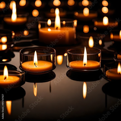 A close-up view of glass candles arranged in a circular pattern on a reflective surface  casting a warm and inviting glow
