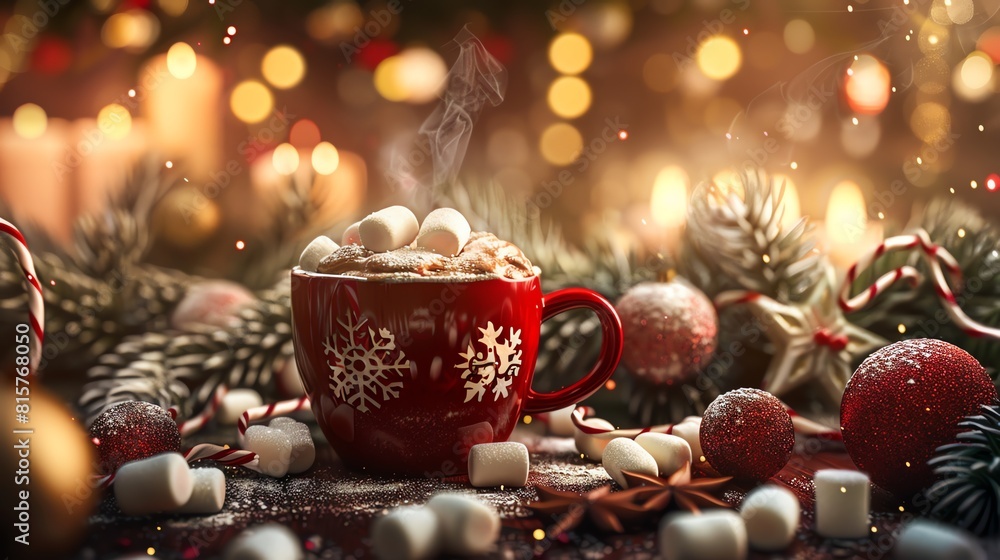 Hot chocolate with marshmallows in a red mug. Christmas decorations in the background. Hot chocolate with marshmallows in a red mug. Christmas decorations in the background.