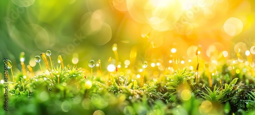 A close-up of a field of green grass on a sunny day. The grass is vibrant and green, and the sunlight shines through it, creating bokeh effects. The image is set against a neutral background.