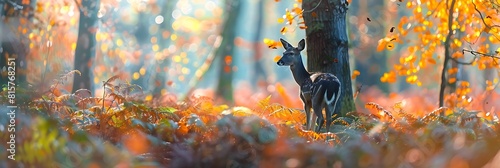 Beautiful deer in the forest, autumn time, lush greenery and colorful foliage