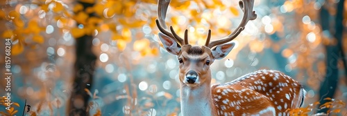 A deer with large antlers stands in a forest with yellowing trees and white and orange bokeh.