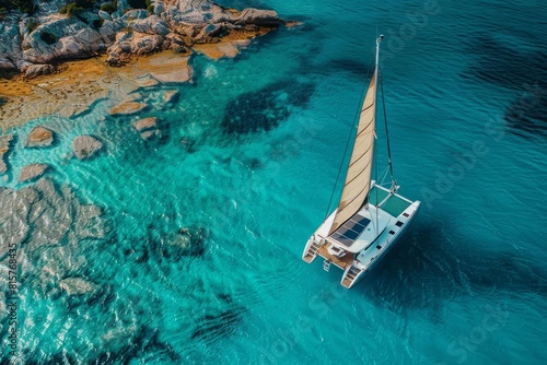 A beautiful Beneteau 57 sailboat is anchored in a secluded bay. The water is crystal clear and the sun is shining. photo