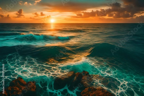 A vibrant sunset over a turquoise ocean, casting warm hues on the water -- ar 3:2 -- v 4** - Upscaling by @faizan