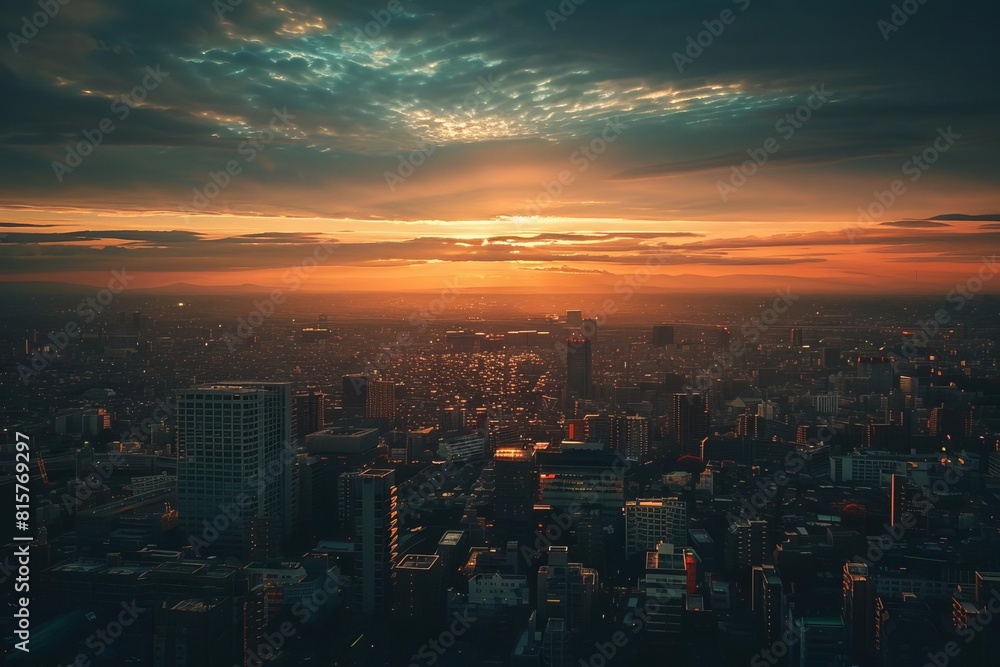 A beautiful sunset over a city. The warm colors of the sky contrast with the cool colors of the buildings.