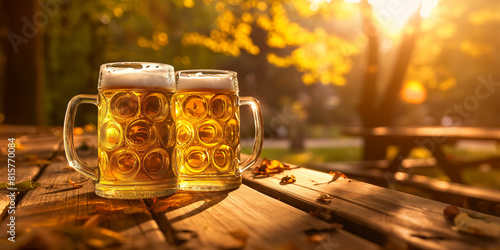 Leckeres Bier mit Schaum im Bierkrug auf dem Biergarten Tisch mit Sonenschein und Bäumen im Querformat für Banner