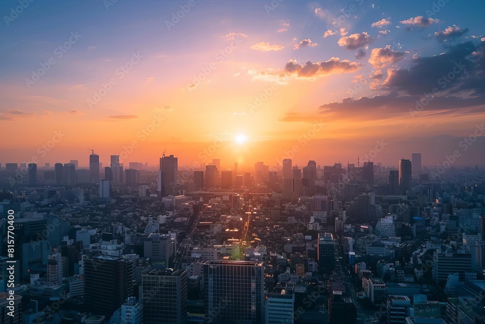 Fototapeta premium A stunning view of a city skyline at sunset. The warm colors of the sky and the city lights create a beautiful and peaceful scene.