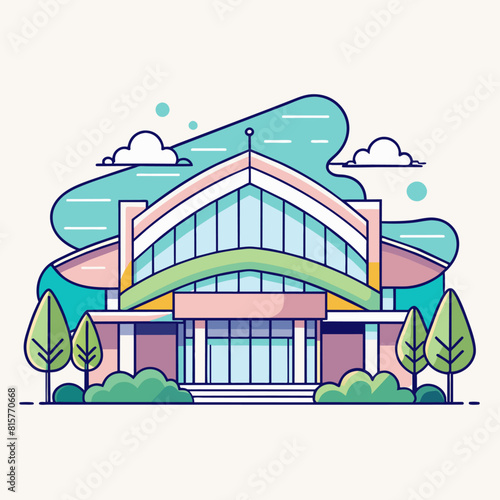 Minimalist convention center building, crafted in an adorable doodle style, Generative AI