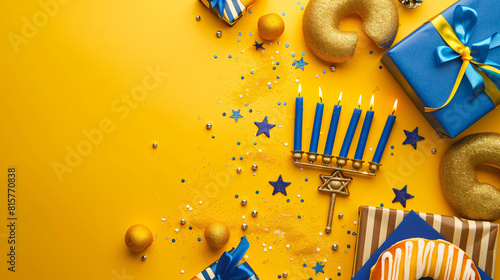 Blank card with menorah doughnut candles and gift for photo