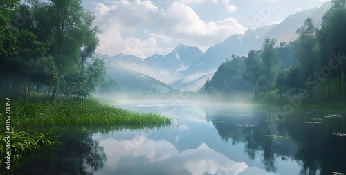 A serene lake is surrounded by grass, trees, and mountains. The sky is filled with clouds.