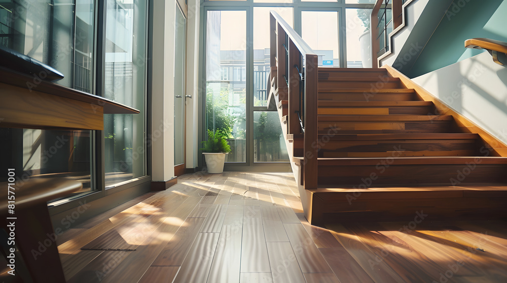 Obraz premium Twofloor apartment with spacious living room with wooden stairs hardwood floor and many big windows : Generative AI