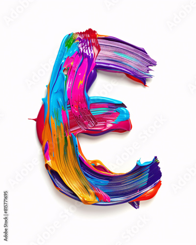 typeface made out of a thick, smudged vivid colored, acrylic paint stroke, isolated on a white background the Letter E