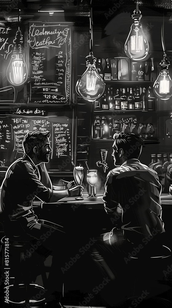 Obraz premium handdraw illustration with chalk on a blackboard about a bar where some people relaxing drinking laughting or dateing