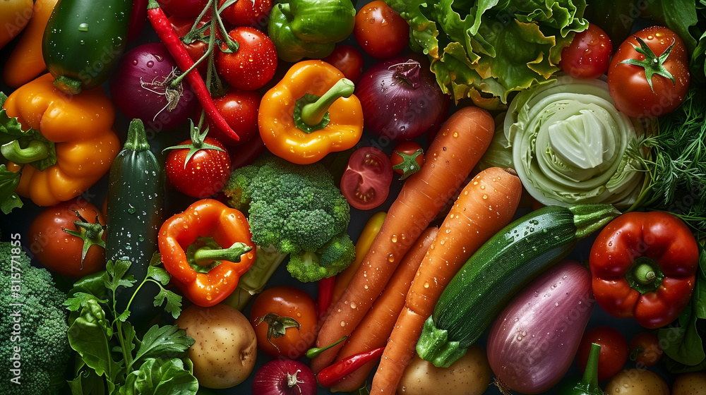 perfect photo of mixed vegetables like zuccini, carrot, eggplants, pepper, broccoly, onion, garlic, salad freshly washed