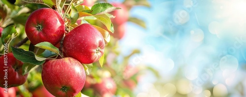 red apples on a tree with a backdrop of a clear blue sky and fluffy clouds, signifying fresh harvest.