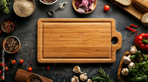 The bamboo chopping board is surrounded by many ingredients like vegetables herbs garlick tomato rosemary pepper seasalt photo
