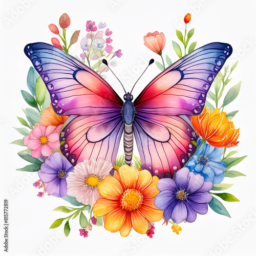 Watercolor illustration of butterfly surrounded by flowers. Floral composition. Beautiful artwork © hardvicore