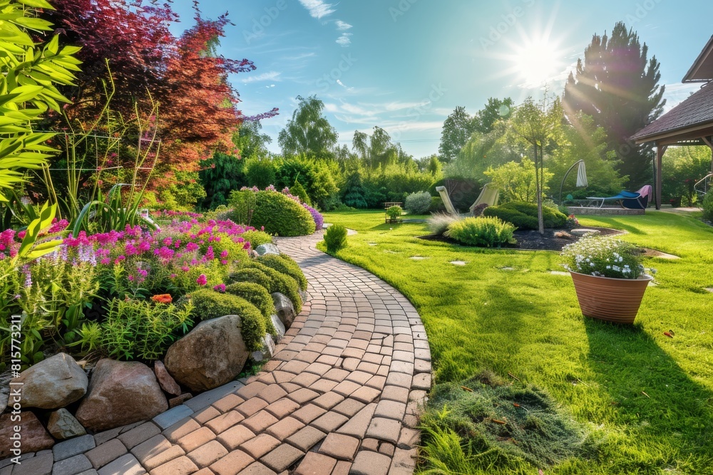 Fototapeta premium Lush backyard garden with stone path
