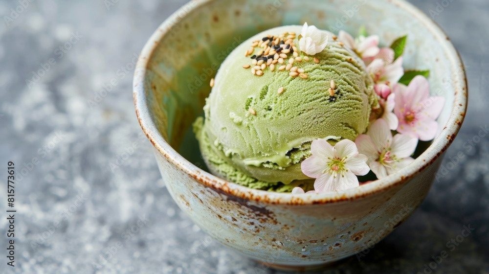 Green Tea Matcha Ice Cream in Rustic Ceramic Bowl with Cherry Blossoms Green Tea Matcha Ice Cream in Rustic Ceramic Bowl with Cherry Blossoms