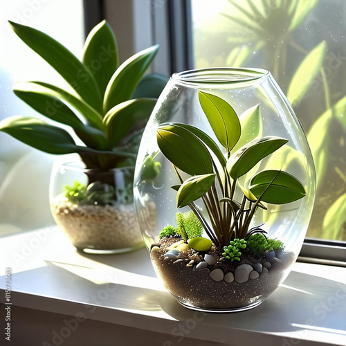 Minimalist terrarium sitting on a sunlit windowsil. © Olga Khoroshunova