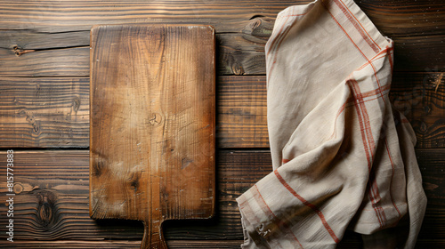 Board and napkin on wooden background closeup