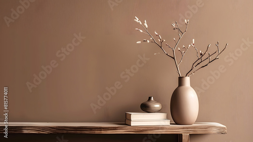 Minimalist composition of cozy living room interior with copy space stylish vase with branch wooden console books gray casket brown wall and personal accessories Home decor Template : Generative AI