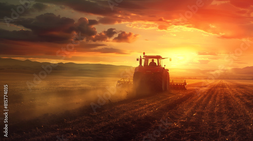 combine harvester at sunset