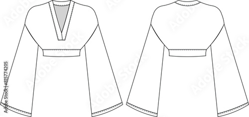 deep v neck oversize loose bell kimono long sleeves drop shoulder cropped crop blouse top sweatshirt template technical drawing flat sketch cad mockup fashion woman design style model
