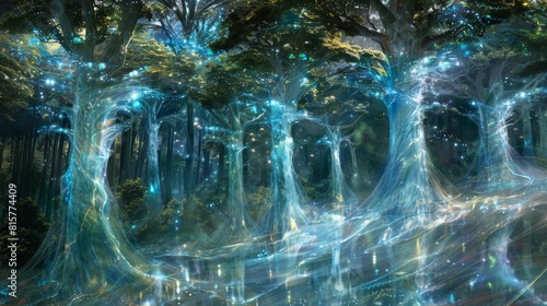 Enchanted Forest with Bioluminescent Trees and Magical Light Trails