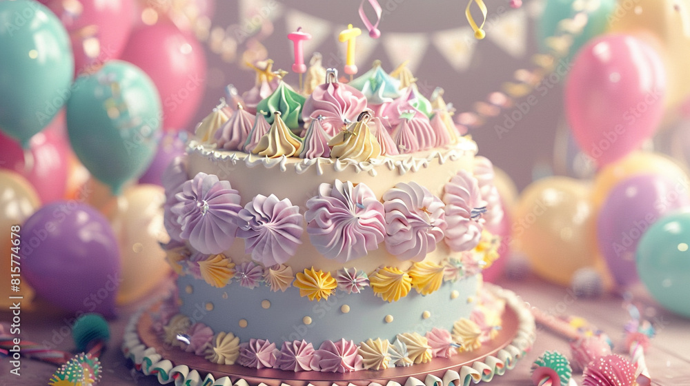 A detailed birthday cake with pastel icing and elaborate decorations, surrounded by a colorful array of helium balloons, with a background of festive bunting and garlands . A detailed birthday cake with pastel icing and elaborate decorations, surrounded by a colorful array of helium balloons, with a background of festive bunting and garlands .