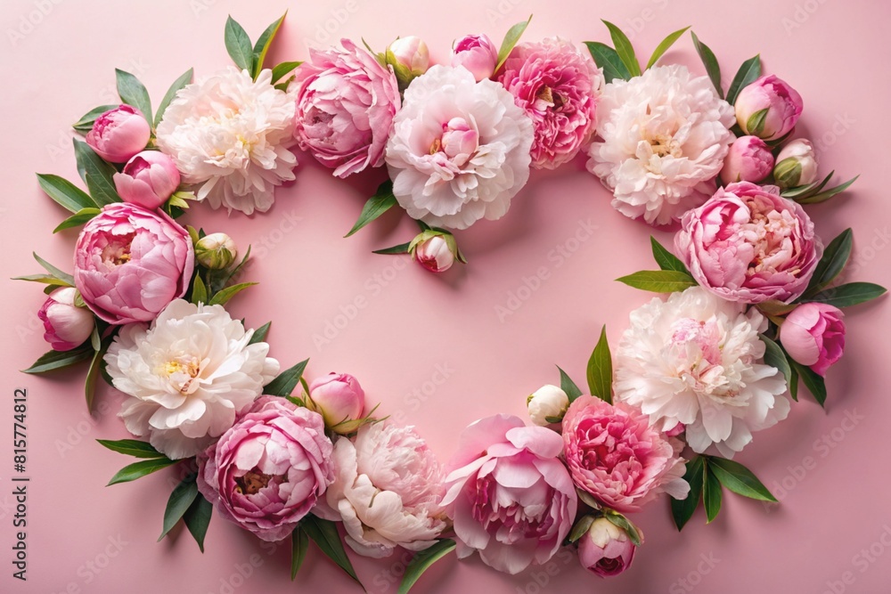 A heart-shaped frame with beautiful peony flowers on a pastel pink background. Flat layout, top view, place to copy, summer flowers. A heart-shaped frame with beautiful peony flowers on a pastel pink background. Flat layout, top view, place to copy, summer flowers.