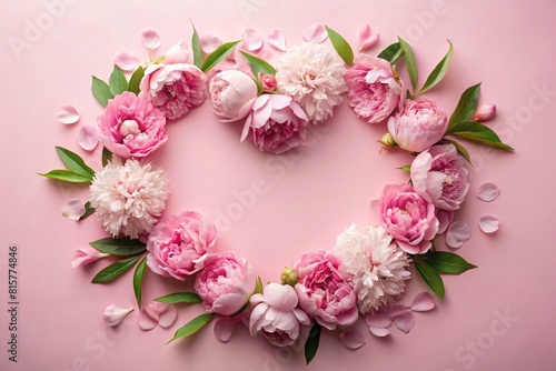 A heart-shaped frame with beautiful peony flowers on a pastel pink background. Flat layout, top view, place to copy, summer flowers. © Юлия Клюева