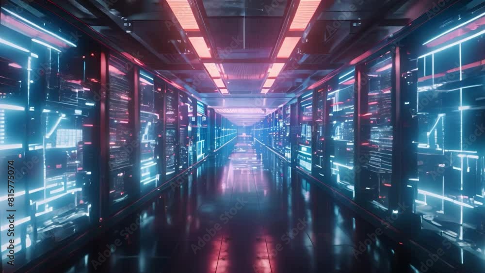 Futuristic sci-fi neon glowing server room with blinking lights and ...