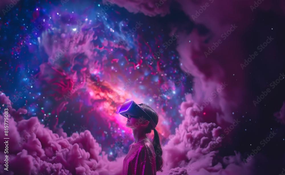 Metaverse concept, child wearing virtual reality VR glasses headset in space adventure game Metaverse concept, child wearing virtual reality VR glasses headset in space adventure game
