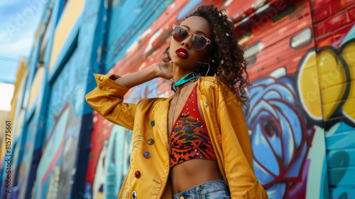 Women in fashionable bright clothes. Vibrant street-style photo shoot, featuring trendy outfits, colorful murals, and spontaneous poses. 