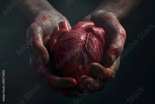 A human heart is held in hands in the style of medical breakthrough advertising, concept art, dark background, hyper realistic, cinematic, octane render, hyper detailed