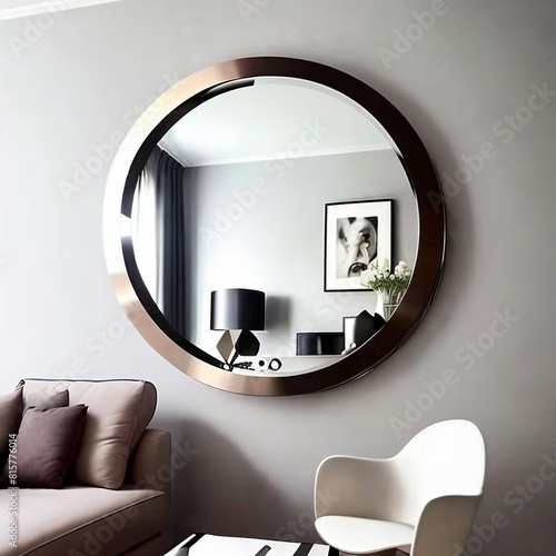 Close-up shot of a stylish round wall mirror reflecting a modern living room decor. © Olga Khoroshunova