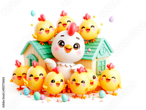 3d cheerful yellow cartoon chickens with a hen, on a white background © Tetiana