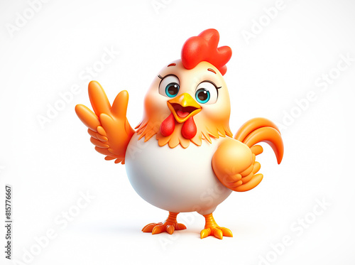 3d cheerful yellow cartoon chick, hen, on a white background