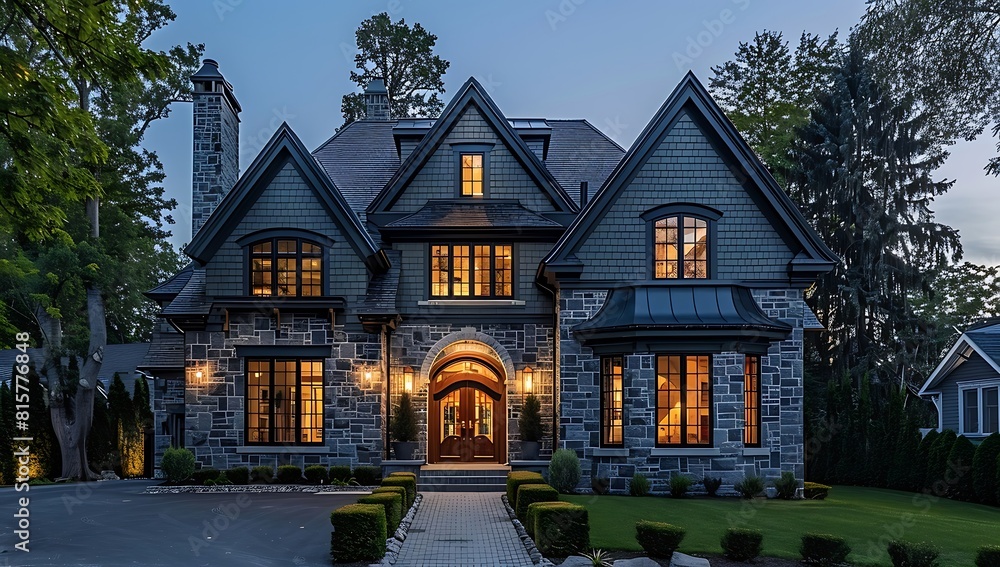 Charming Home with dark grey Shingles roof, Stone Accents, Arched Windows, Warm Lights, exterior design, real estate concept