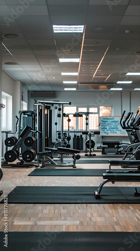 Gym Interior Featuring Workout Equipment and Whiteboard with Fitness Tips 