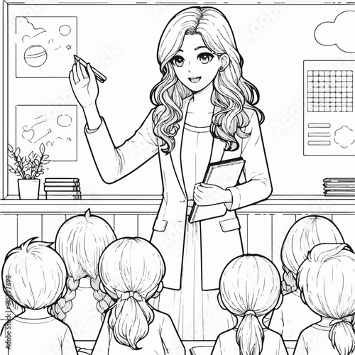 woman teacher teaching his students a line art vector coloring page illustration - Generative AI