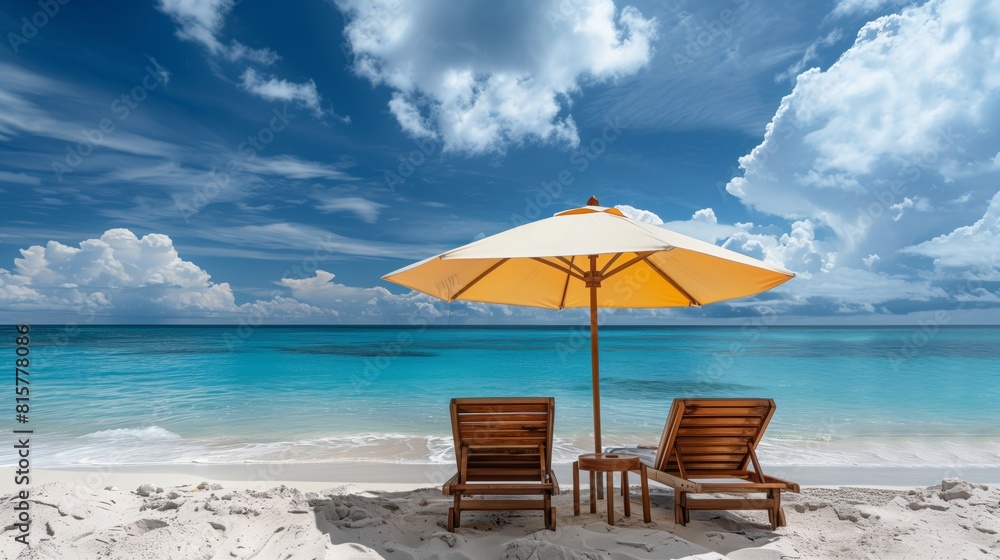 Two outdoor sun loungers and an umbrella sit on a sandy beach under an azure sky with fluffy clouds. The view is serene and ideal for a relaxing holiday. Concept of leasure.