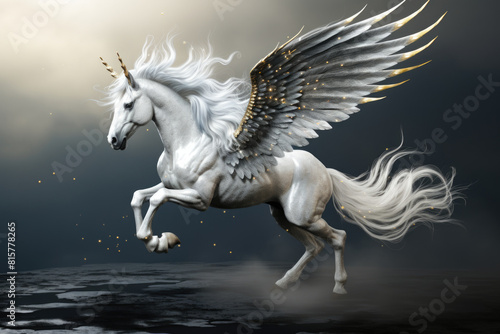 The mythical pegasus horse with spread wings against the background of a clouds.