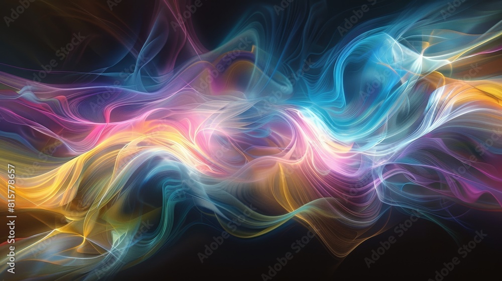 A digital art piece featuring waves of light in pink, blue, yellow, and white, flowing across a dark backdrop, representing the fluidity and spectrum of gender identities. Created Using: digital art, A digital art piece featuring waves of light in pink, blue, yellow, and white, flowing across a dark backdrop, representing the fluidity and spectrum of gender identities. Created Using: digital art,