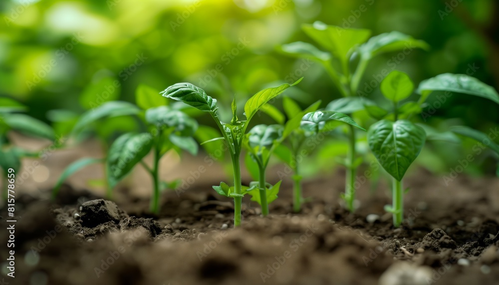 Vibrant young pepper plants emerging from rich, dark soil, bathed in natural sunlight, symbolizing growth and sustainability.
Vibrant young pepper plants emerging from rich, dark soil, bathed in natural sunlight, symbolizing growth and sustainability.