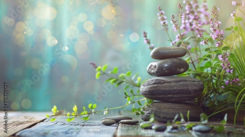 A still life arrangement of stones and flowers stacked neatly on a wooden table