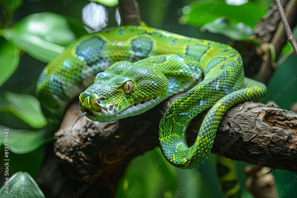 Naklejka premium Venomous green serpent perched on a tree branch, showcasing its vibrant coloration and captivating presence in the natural world 