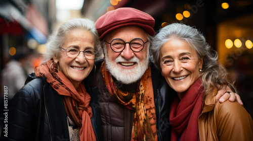 Radiant Trio of Senior Friends Smiling Together Outdoors.  Generative ai