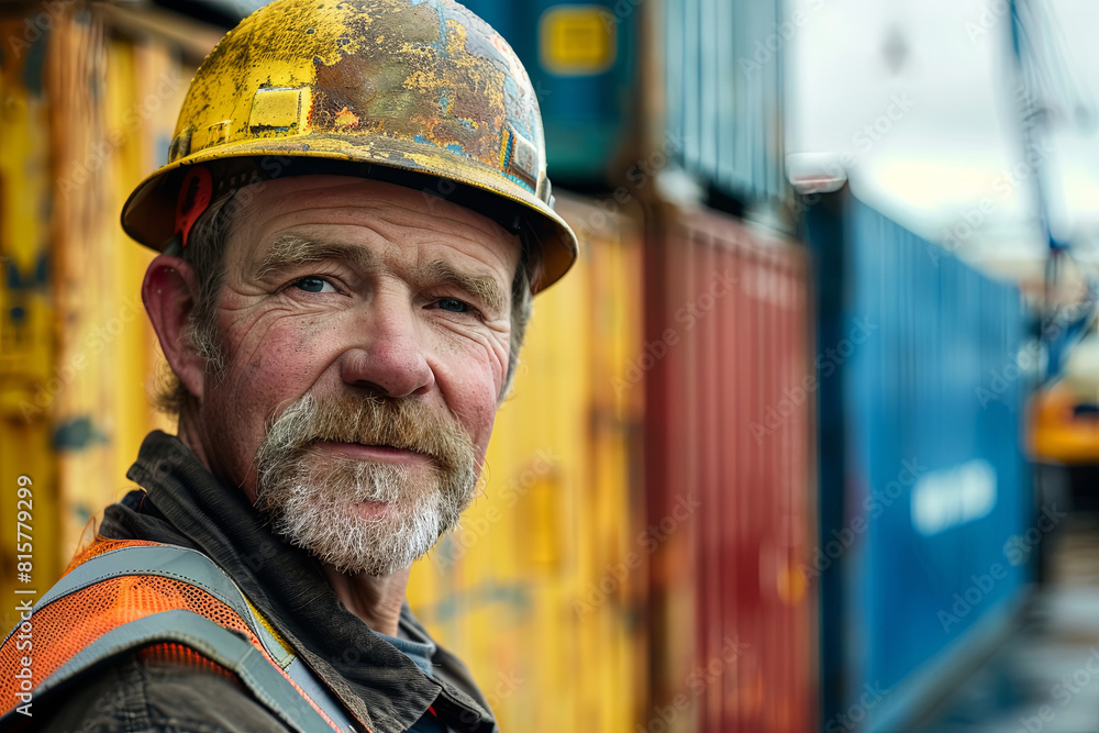 Candid portrait of a dock worker outside a lively port warehouse, capturing the authentic essence of blue-collar industry and the spirit of global trade and shipping Candid portrait of a dock worker outside a lively port warehouse, capturing the authentic essence of blue-collar industry and the spirit of global trade and shipping