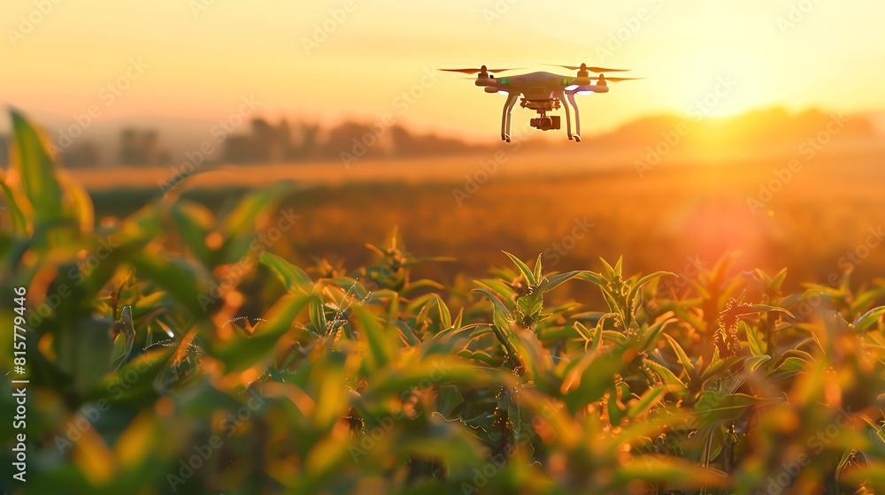 A drone flies over a field of crops at sunset A drone flies over a field of crops at sunset
